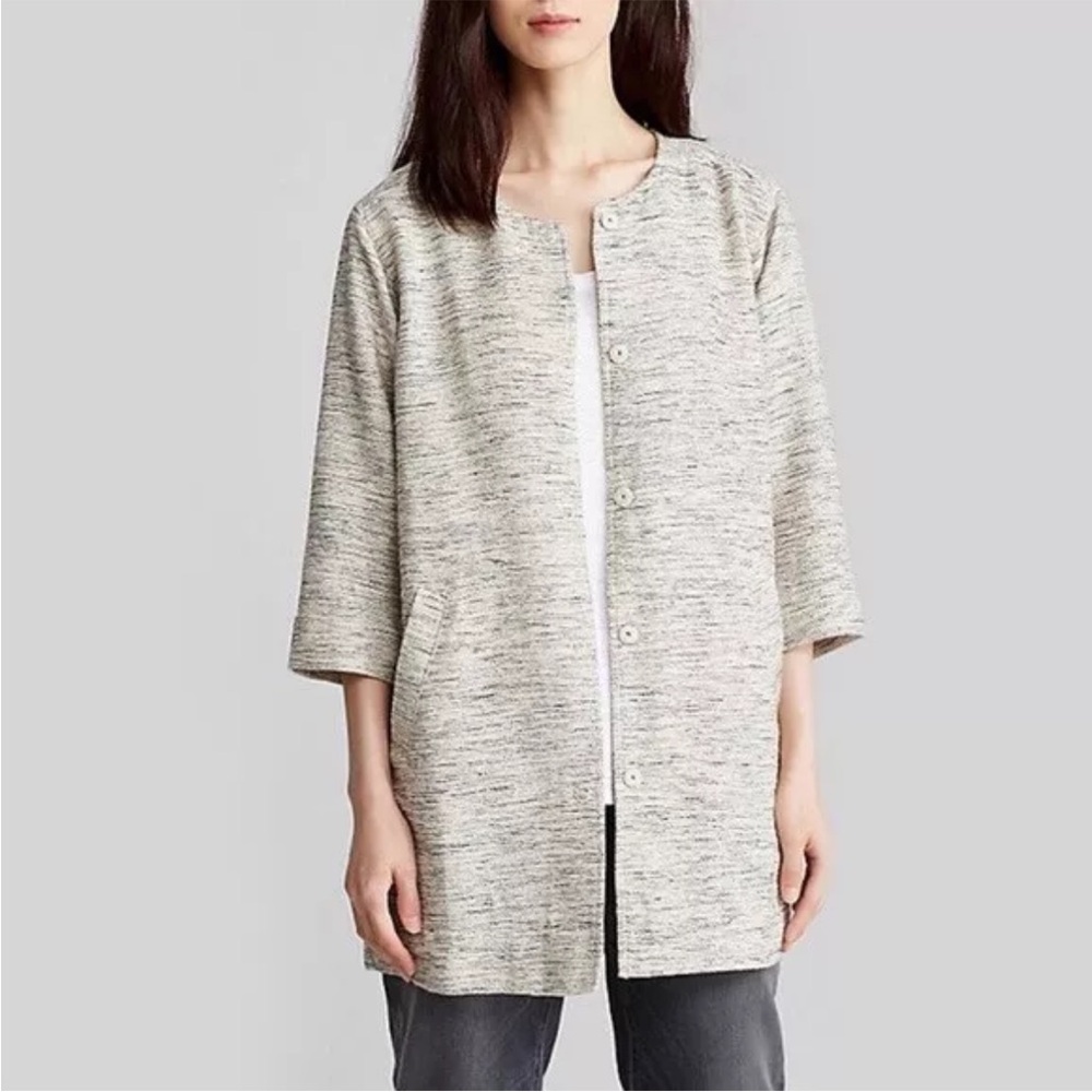 Eileen Fischer Woven Long 3/4 Sleeve Button Down Jacket, Round Neck, Ecru, P Med
